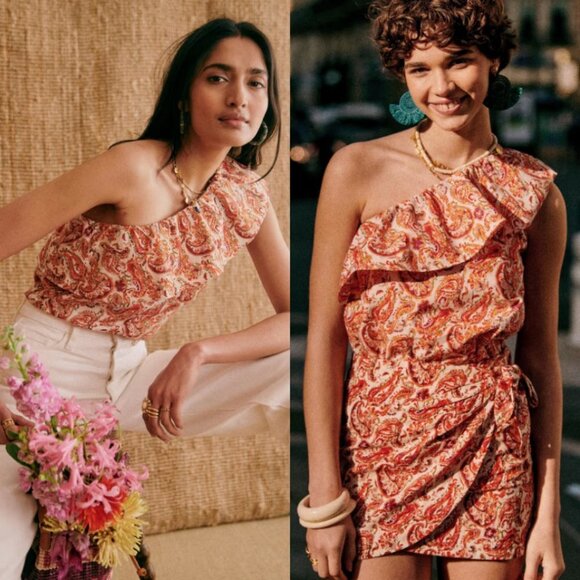 Sezane Adeline Ruffle Blouse Rivera Floral Print One Shoulder Size 36 French 4‎ - Picture 1 of 11